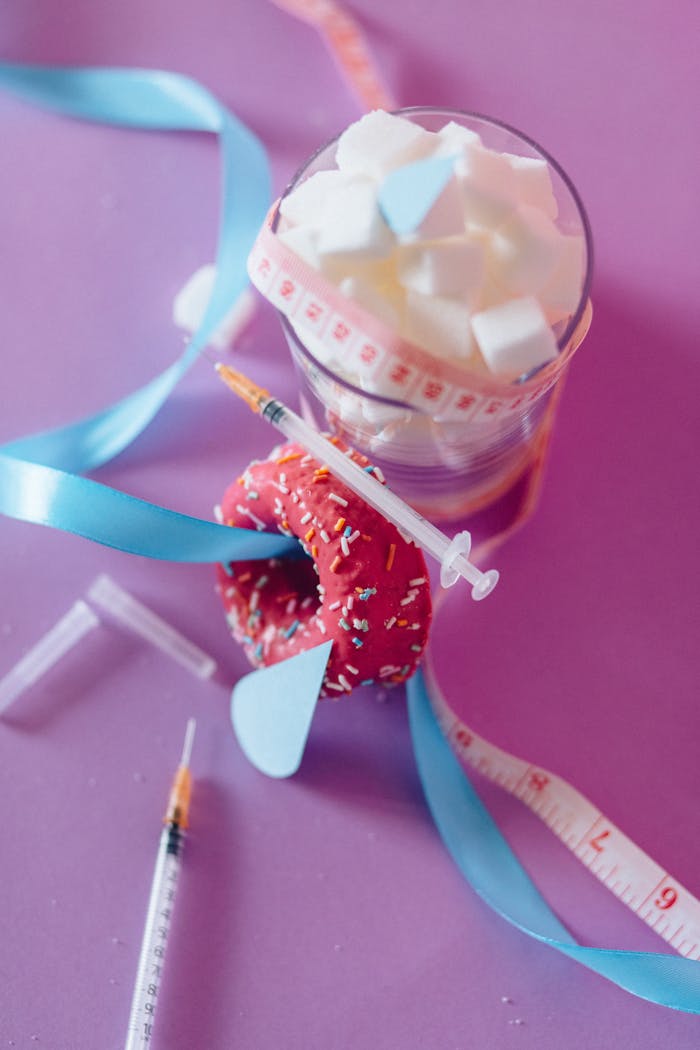 Conceptual image with sugar cubes, syringe, and ribbon raising diabetes awareness on purple background.